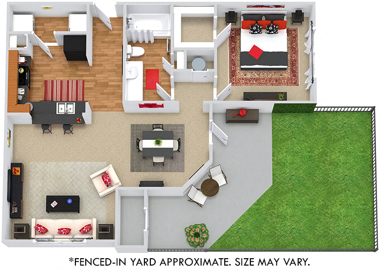 Floor plan for 1 bed, 1 bath, 775 sqft